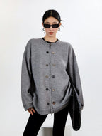 Ribbed Trim Oversized Button Zip Knit Cardigan