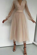 Aurelia Aesthetic Long Sleeved Lace Dress with a V Neckline Premium Wardrobe Essential