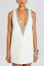 Cocktail Charm Sequin Colorblock Trim V-neck Sleeveless A-line Mini Dress