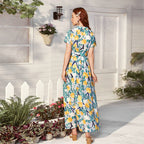 Printed V neck Short Sleeve Belt Maxi Dress Long Sweet Dress