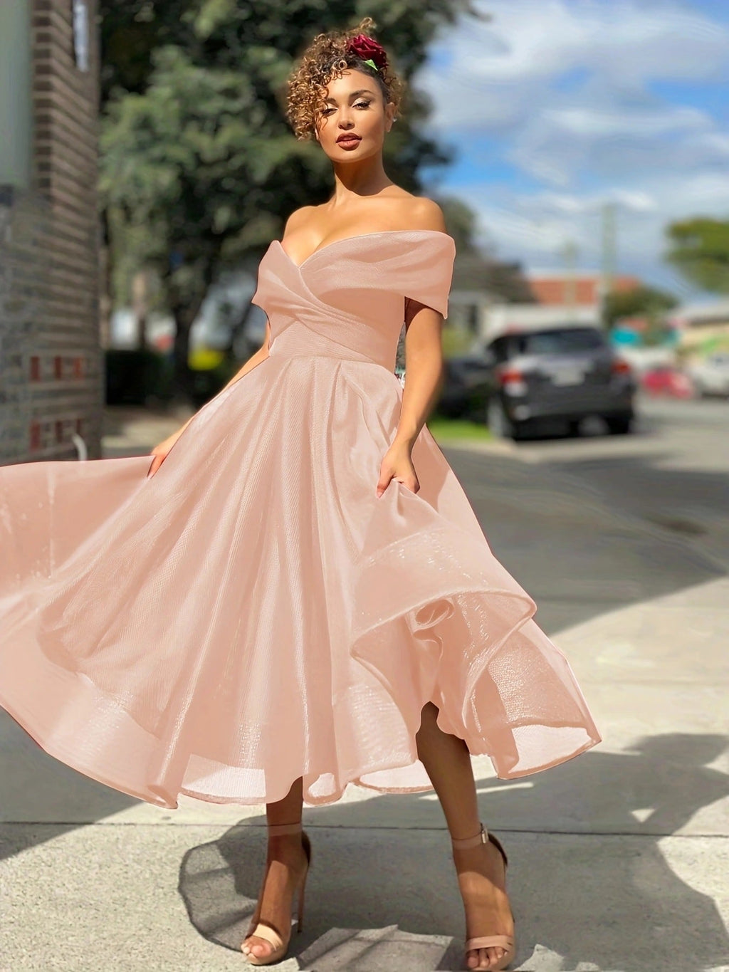 Plus Size V neck Slim Dress Solid Color