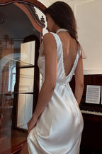 V-Neck Backless Satin Lace Trim Silk Dress