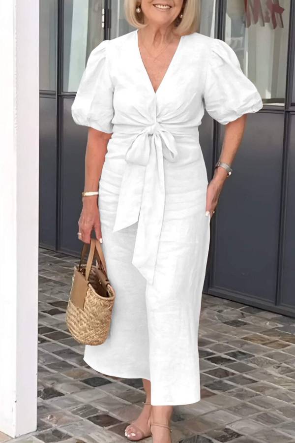 V-Neck Puff Sleeve Twisted Waist Tie Midi Dress
