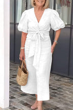 V-Neck Puff Sleeve Twisted Waist Tie Midi Dress