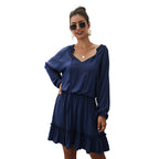 Paros Textured Satin Balloon Sleeve Dress Navy