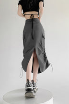 A-Line Gray Vintage Cargo High Slit Skirt