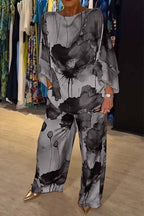 Ink Wash Floral Print Batwing Sleeve Wide Leg Pants Set