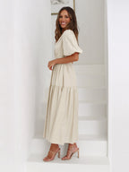Claudia Exclusive Ruffle Midi Dress with V Neck and Puff Sleeves Premium Wardrobe Essential