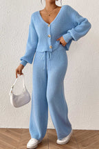 Button-down Crop Cardigan Pants Set