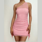 Solid one shoulder mesh patchwork ruffle ruched zip-up mini dress
