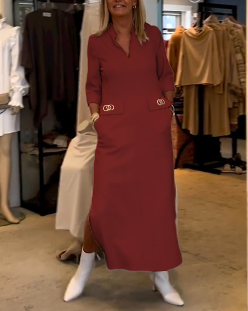 Magaly Timeless Solid Color Slit Dress with 3/4 Sleeves Premium Wardrobe Essential