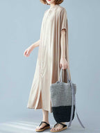 Long Cotton Front Button Cotton Shirt Dress (White - Black - Grey- Apricot)
