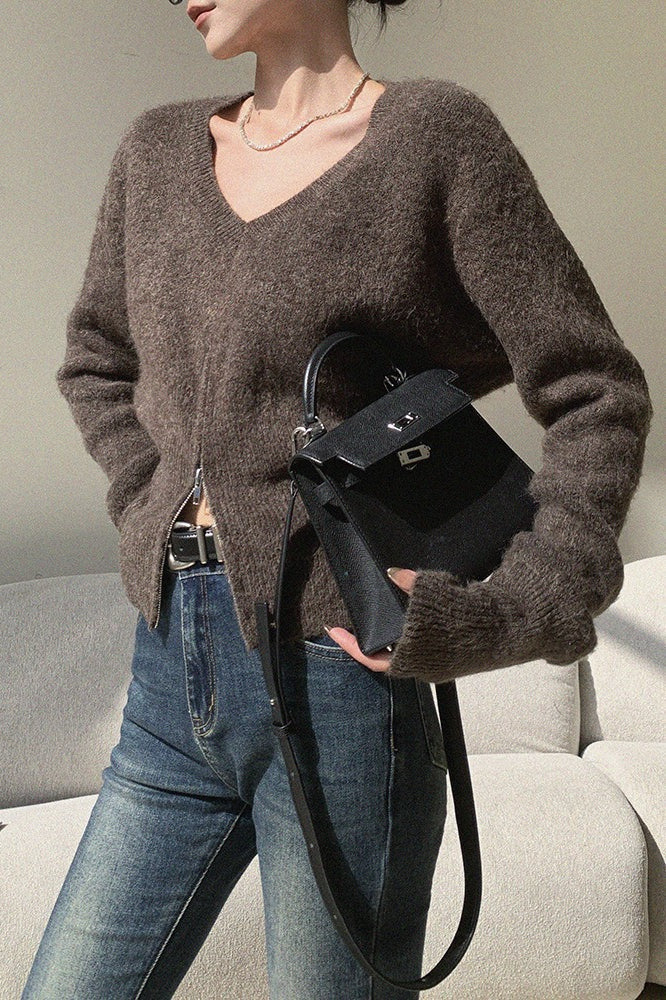 Brown VNeck Soft Knit Top