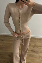 Sexy Fitted Buttoned Long-Sleeve Low-Rise Knit Two Piece Set