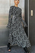 Flared Sleeve Round Neck Ruched Waist Floral Dress