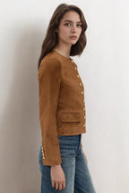 Metallic Button Cropped Suede Jacket