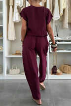 Linen Blend Solid Color V-neck Short-sleeved Top and Elastic Waist Pocket Bloomers Pants Set