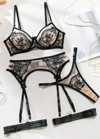 Mireille – Floral Embroidered Lingerie & Garter Belt Set