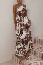 Botanical Print Sleeveless One-shoulder Casual Vacation Maxi Dress