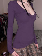 Ribbed Deep V Neck Knit Long Sleeve Tee