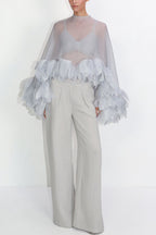 Cleo Sheer Hand-crafted Floral Petal Trim Back Tie-up Loose Cape