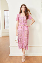 Solid Color Lace Button Dress