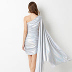 Slant Shoulder Asymmetrical Design Pleated Slim Fit Hip Hot Silver Dress