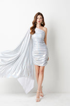 Slant Shoulder Asymmetrical Design Pleated Slim Fit Hip Silver Dress