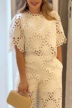 Eliose Scallop Cutout Embroidery Lace Short Sleeve Loose Top