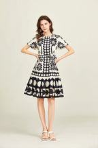 Elegant Crew Neck Short Sleeve Belted A Line Dress