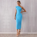 Elegant One Shoulder Bandage One Piece Dress Sleeveless Tight Sky Blue Evening Dress