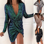 Beaded Dress Long Sleeve V neck Mini Dress