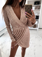 Beaded Dress Long Sleeve V neck Mini Dress