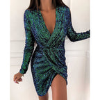 Beaded Dress Long Sleeve V neck Mini Dress