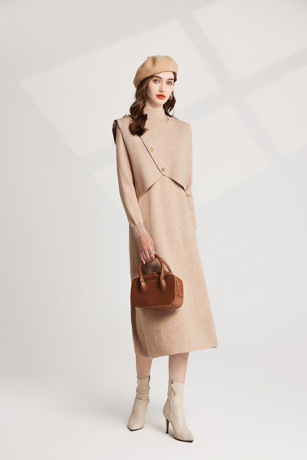 Thickened Distinctive Semi High Neck Base Knitted Vest Long Sleeved Dress Two Piece Set
