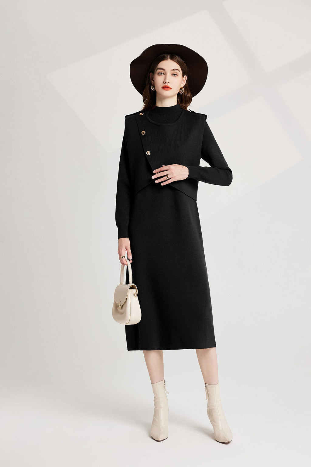 Thickened Distinctive Semi High Neck Base Knitted Vest Long Sleeved Dress Two Piece Set