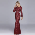 Multi - Color Long Sleeve round Neck Fishtail Banquet Evening Dress for