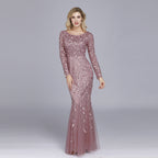 Multi - Color Long Sleeve round Neck Fishtail Banquet Evening Dress for