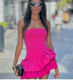 Tube Top Irregular Asymmetric Slim Fit Ruffled Stitching Mini Dress Rose Red