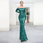 Cocktail Evening Dress off Shoulder Long Sleeve Retro Sequined Fishtail Dress
