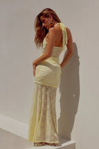 Sheer Lace Ruched Halter Wrap Dress
