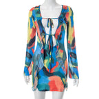 Long sleeve contrast print self tie ruffle mini dress