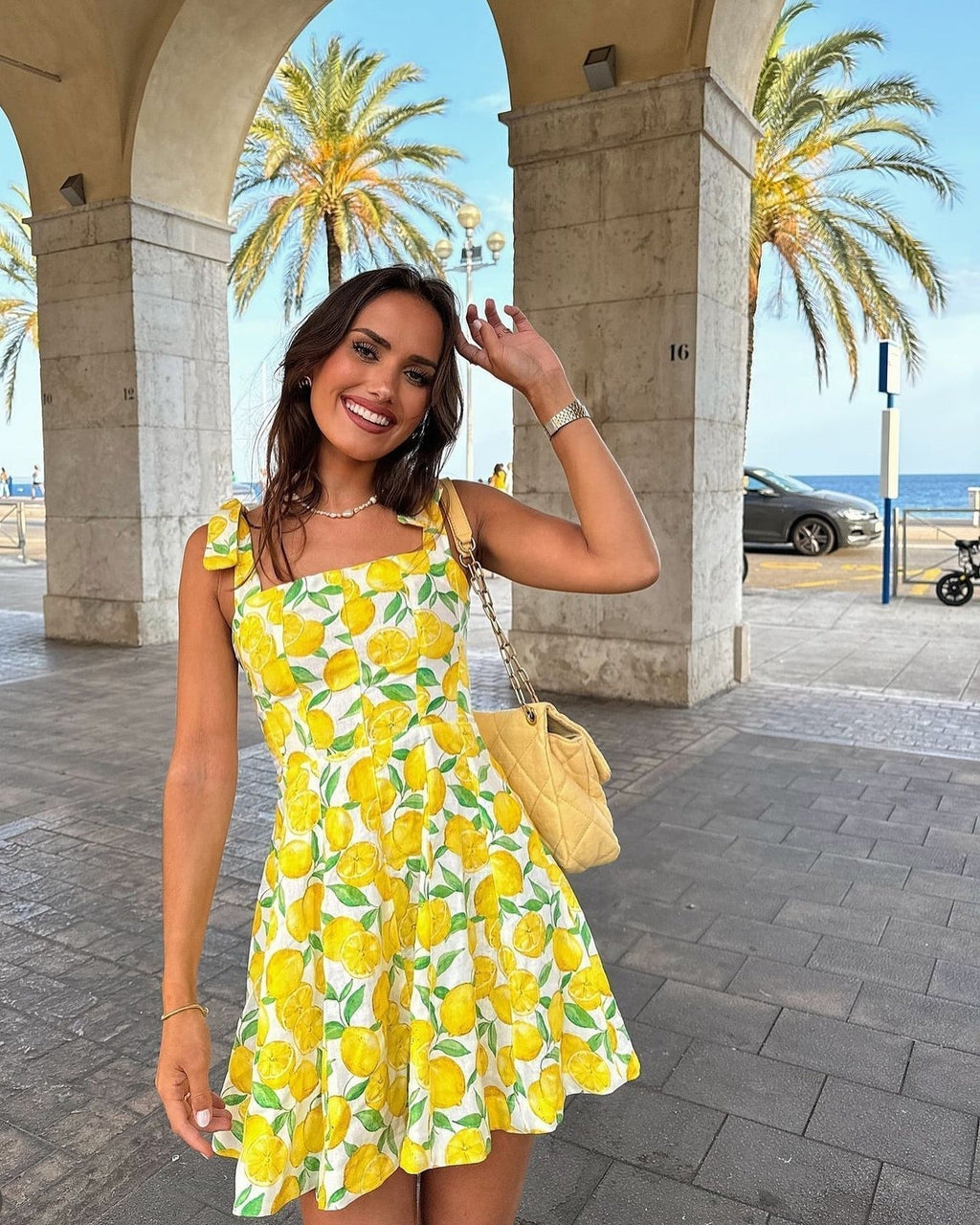 Yazmín Chic Summer Dress Cute Lemon Print Elevated Occasion Wear