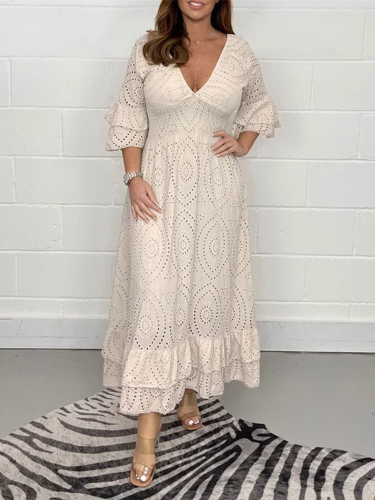 Embroidery Anglaise Frill Sleeve Midi Dress