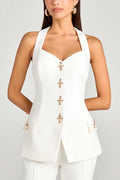 Women Power Metal Cross Snap Button Sweetheart Neck Wide Strap Vest