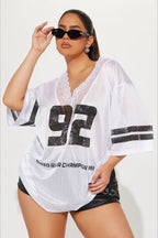 V Neck Lace Print Loose Casual T-shirt