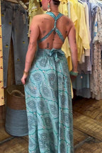 Unique Print Halter Neck Straps Backless Vacation Maxi Dress