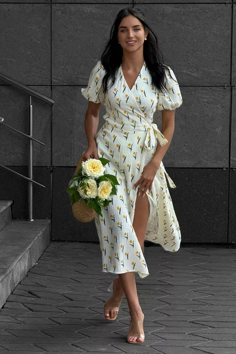 Printed Puff Sleeve Cotton Midi Dress