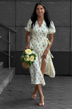 Printed Puff Sleeve Cotton Midi Dress