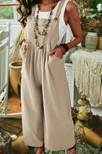 Solid Color Sleeveless Pocket Casual Wide Leg Side Button Jumpsuit